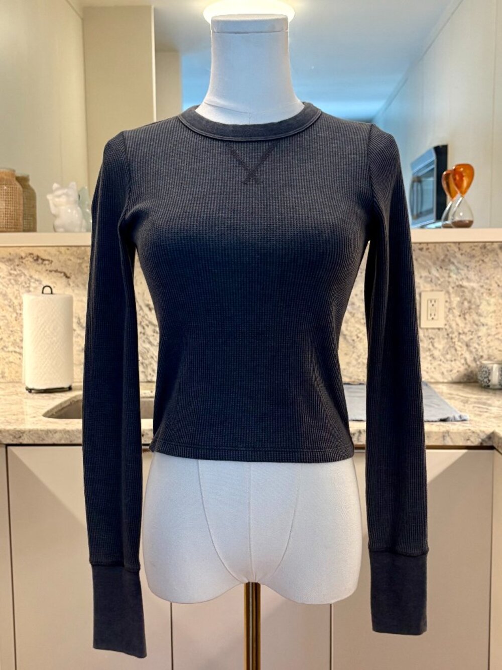 Aerie Long Sleeve Waffle Knit Thermal in Charcoal